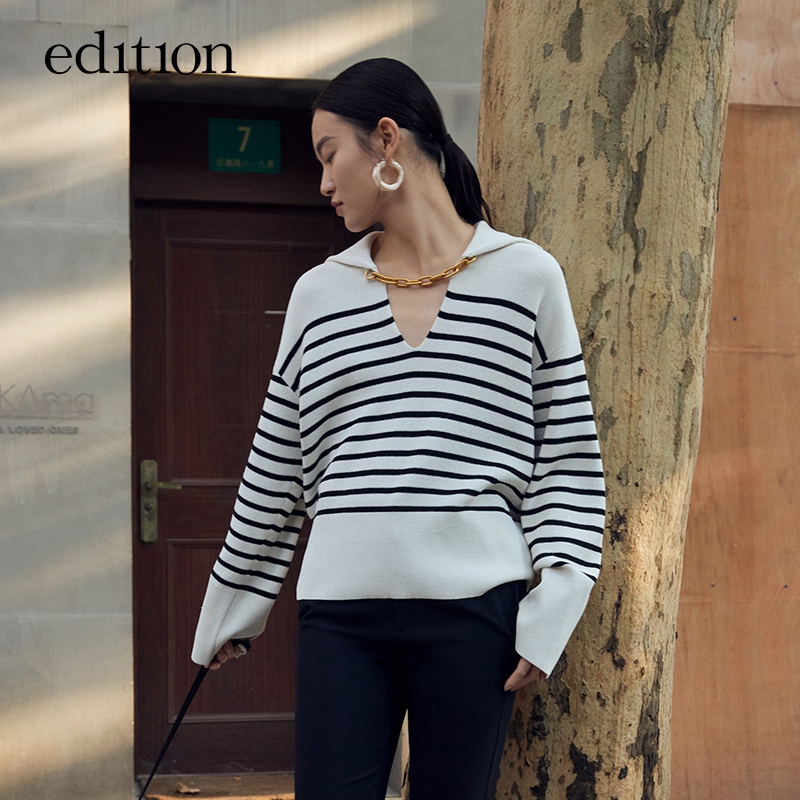 edition海军领条纹毛衣休闲可拆链条V领羊毛衫#EBC1SWTT12