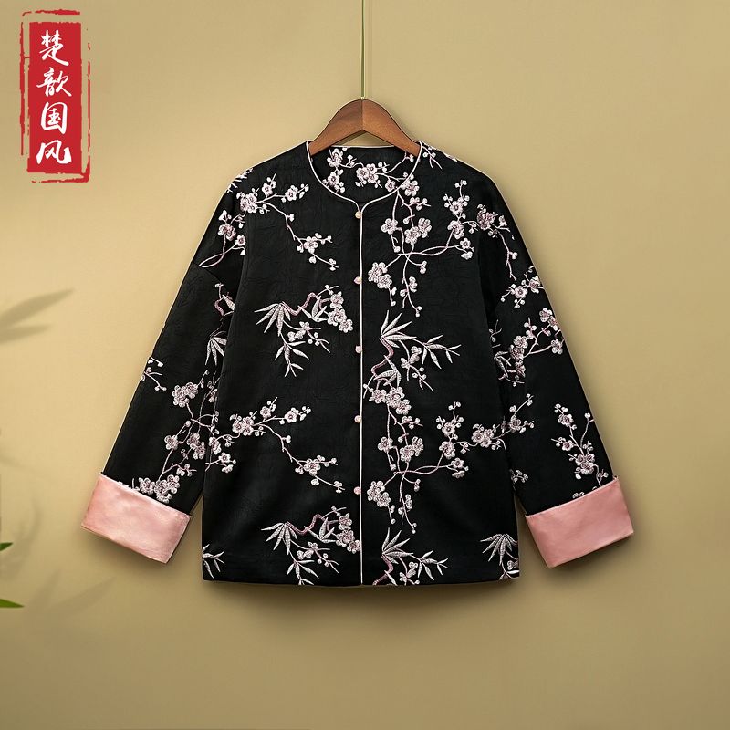 【雅梅】2024春季新款新中式宽松外套复古国风春秋圆领绣花上衣女款