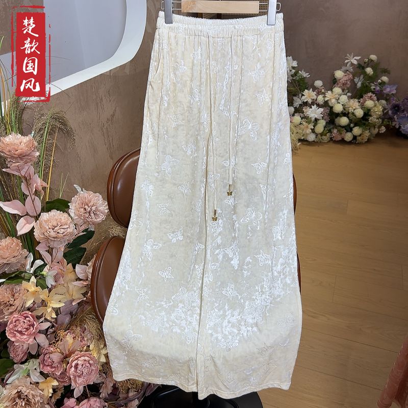 【玉绒】2024新款春秋中式休闲裤女宽松国风松紧腰直筒丝绒裤子女款