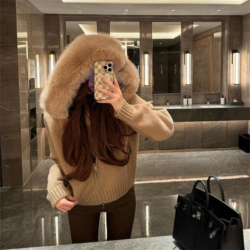 甜奶油2025新款大毛领连帽毛毛领拉链宽松毛衣慵懒高级感冬季