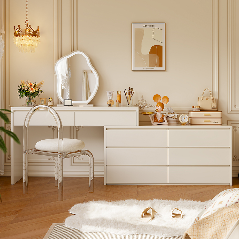 喜二家奶油风梳妆台现代简约斗柜一体收纳柜卧室多功能储物化妆桌