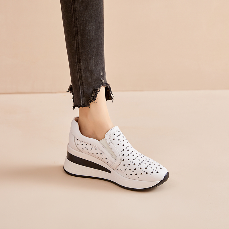 （34码特价）真皮坡跟单鞋女款2025年新款夏季透气镂空百搭增高松