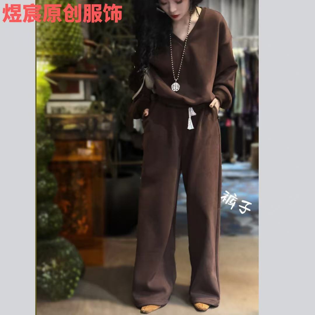 煜宸原创✿【K6002】秋冬新款时尚百搭休闲抽绳加绒垂坠感软阔腿裤女