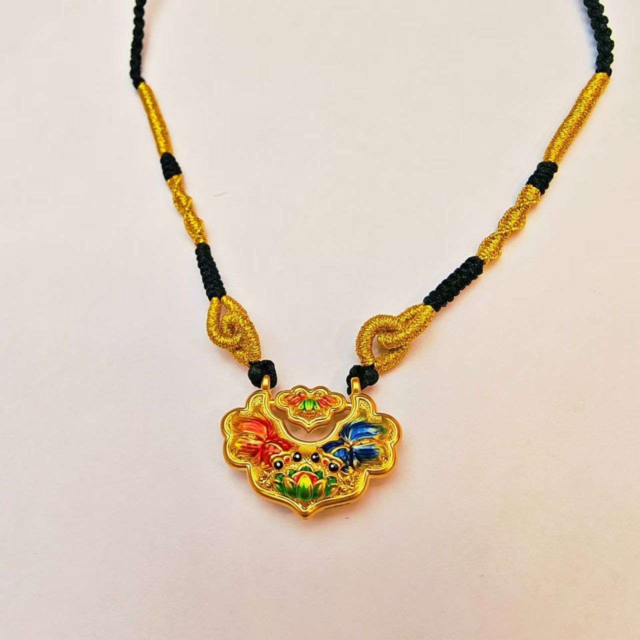 123#足金999 黄金珐琅彩锦鲤锁包莲花锦鲤锁编织吊坠编绳古法