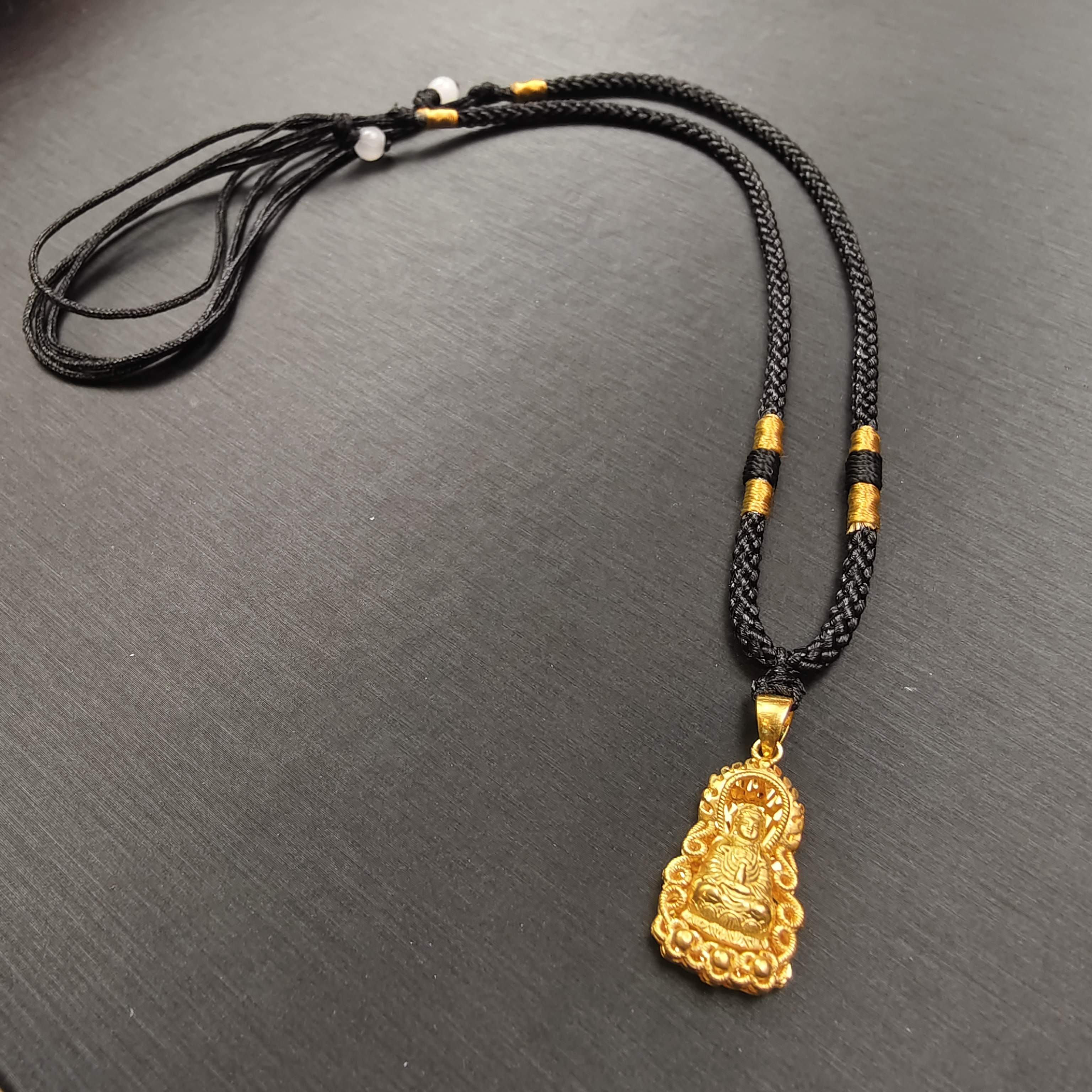 54#足金999黄金 5D硬金工艺 观音 黑绳编织 