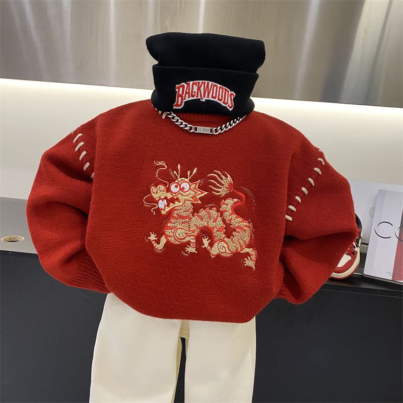 本命年2024喜庆红色毛衣童装新款秋冬儿童龙年刺绣新年打底针织衫