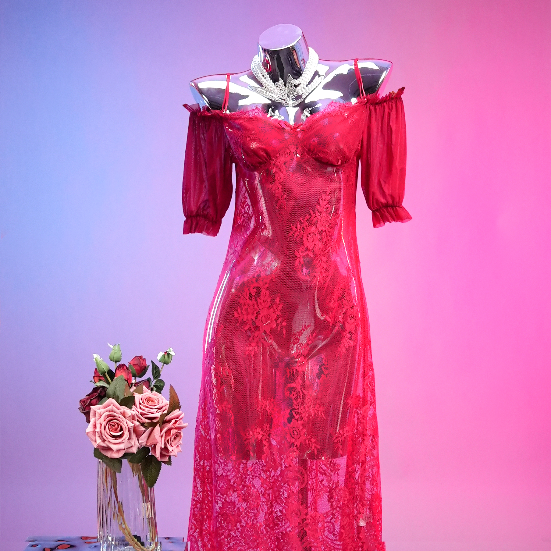 偏爱  【90-210斤】纯欲风 蕾丝镂空性感挂脖吊带短裙女新款 160