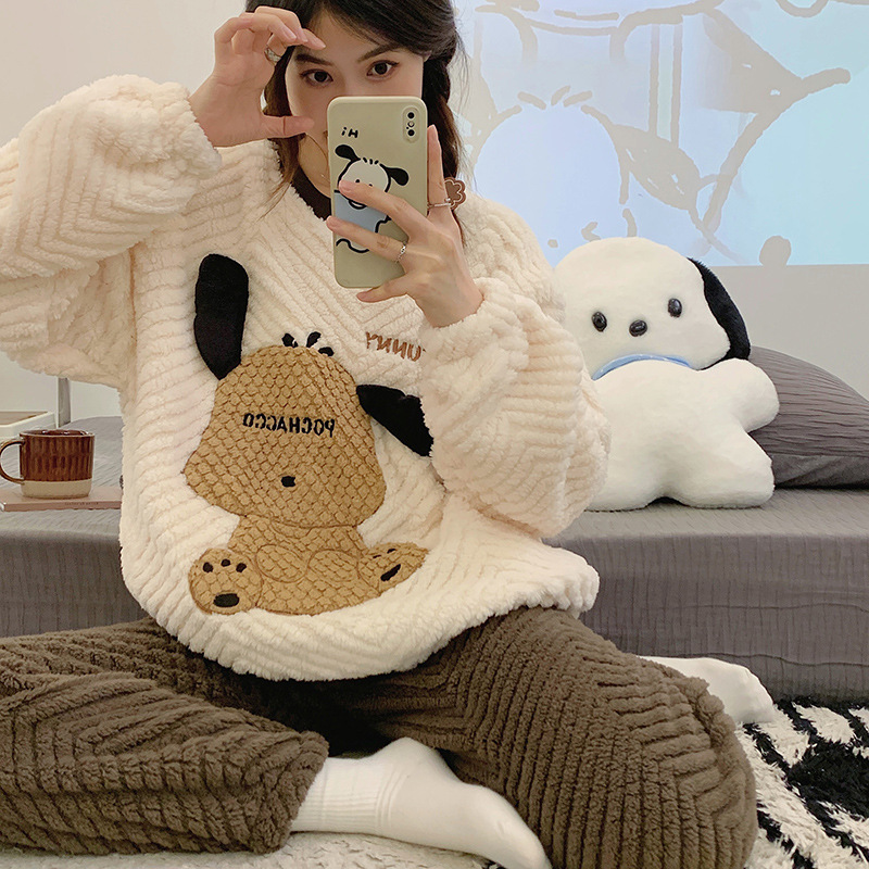 珊瑚绒睡衣女秋冬季新款卡通可爱风时尚套头法兰绒加厚家居服套装