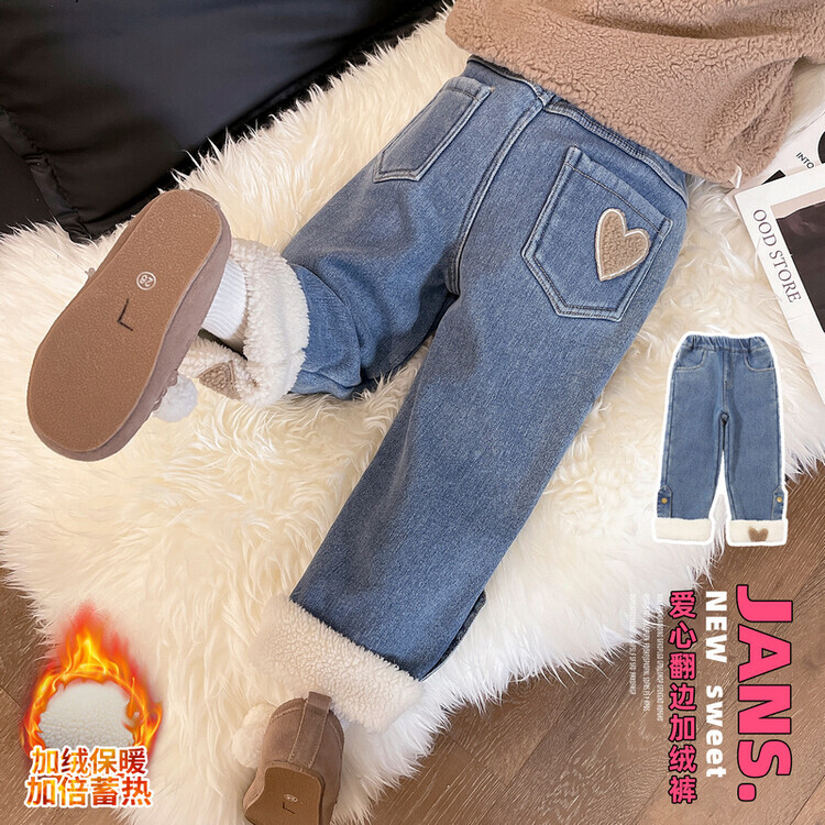 女宝宝冬款加绒牛仔裤洋气新款中小童冬季加厚长裤休闲保暖直筒裤