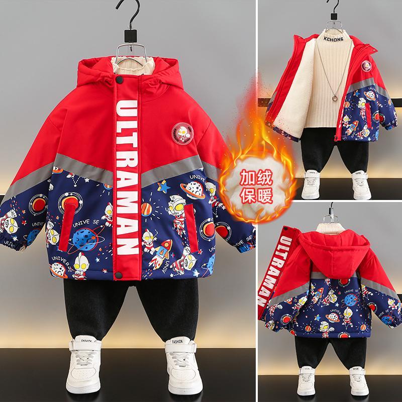 奥特曼男童冲锋衣儿童加绒加厚外套2023新款中小童洋气酷帅棉服潮