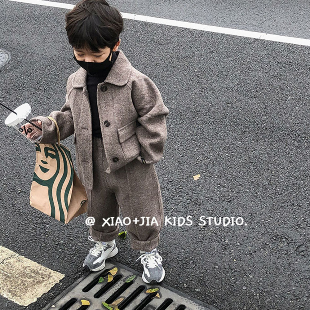 儿童小西装秋冬季英伦风休闲套装男女童呢大衣阔腿裤子两件套