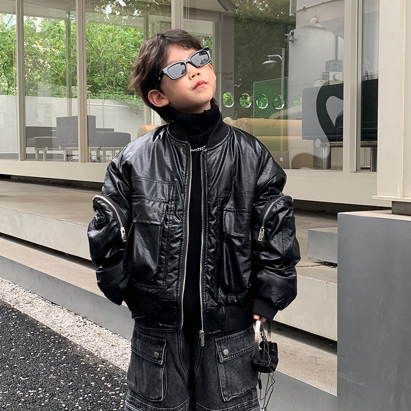 韩版加棉外套2024冬季新款儿童时尚黑色棉服中小童宽松上衣潮