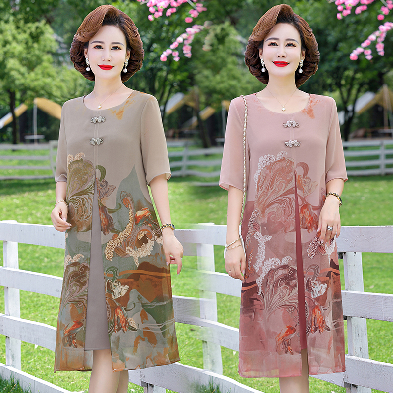 中年妈妈夏装连衣裙新款洋气改良旗袍中老年女装夏季雪纺短袖裙子