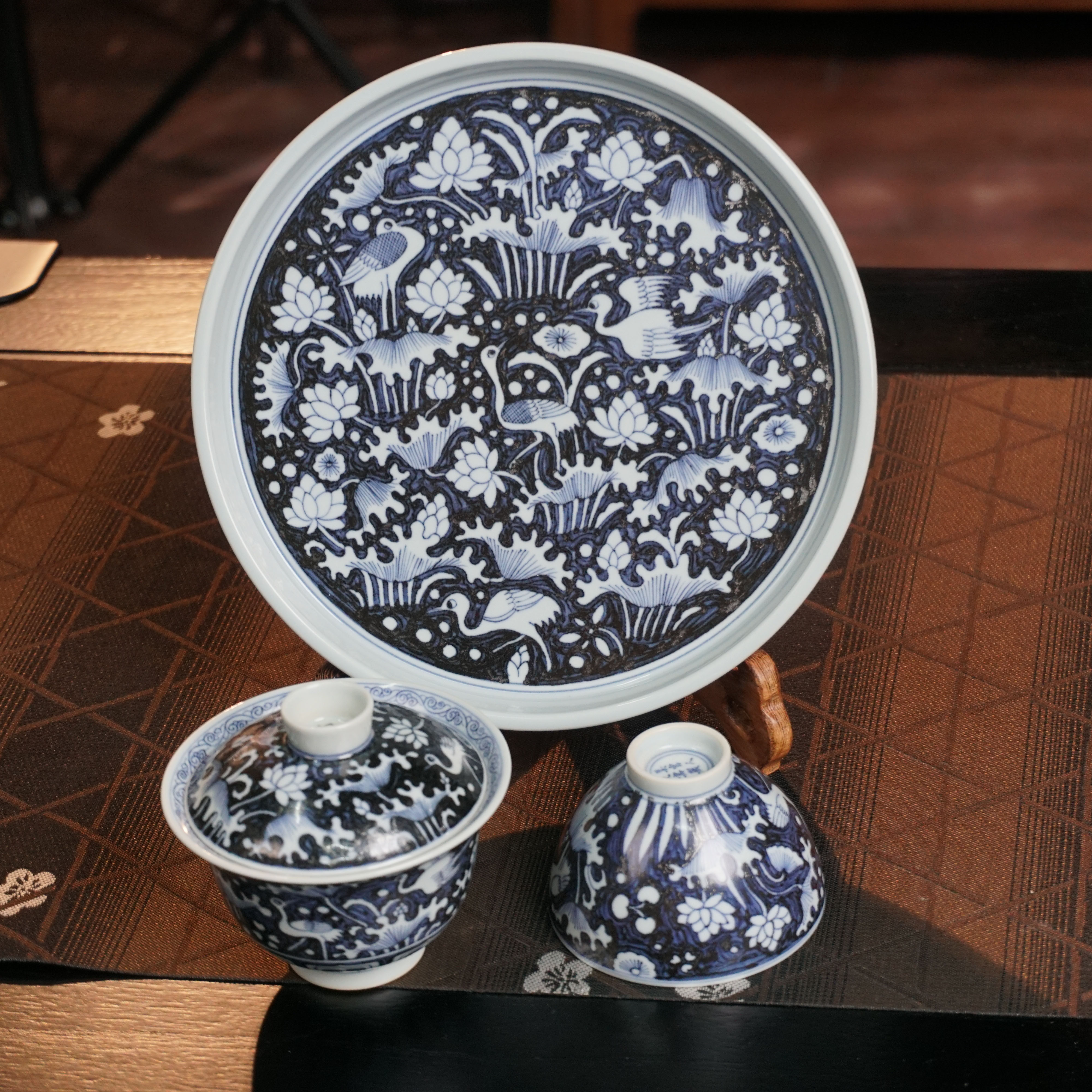 景德镇纯手绘高端茶器-仿元青花盖碗+壶承+主人杯-7508