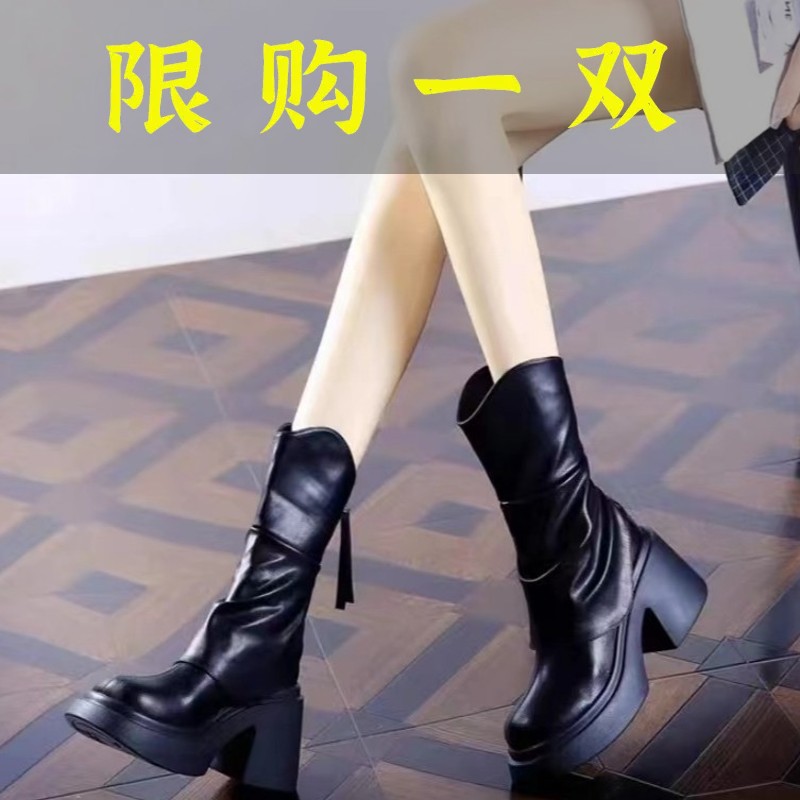 红蜻蜓牌感裤管靴粗跟中筒靴女2023秋冬时尚百搭圆头厚底高跟半