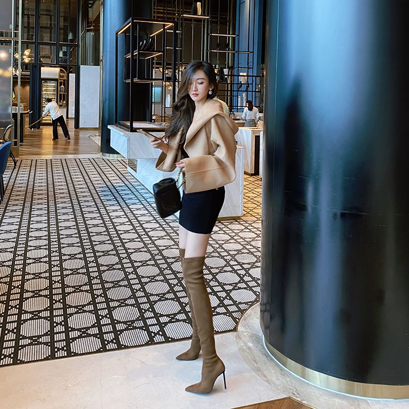 红蜻蜓牌欧美过膝长靴女秋冬2023新款尖头高筒细跟高跟鞋棕色弹力