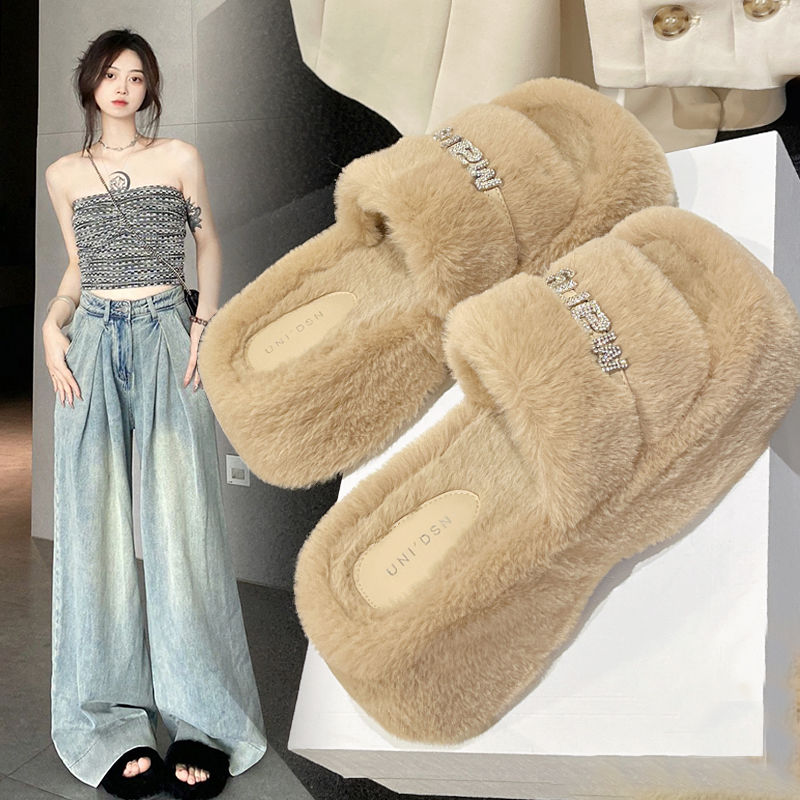 红蜻蜓牌法式厚底毛毛拖鞋女穿2023秋冬新款高级感水钻小个子松糕