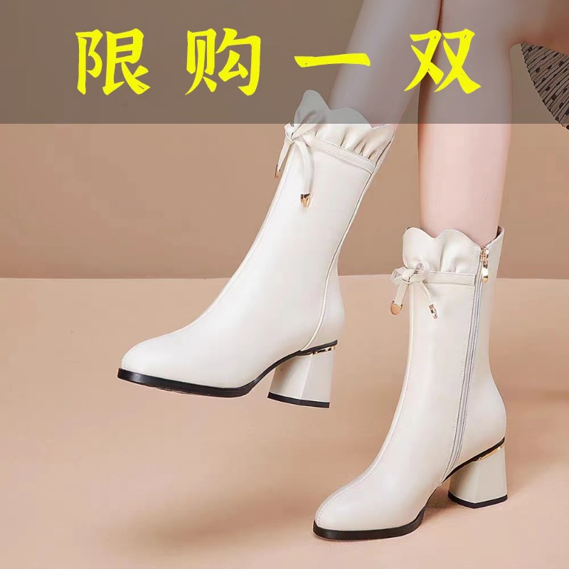 红蜻蜓牌正品真皮白色靴子中筒靴女2023秋冬季新款加绒高跟鞋短