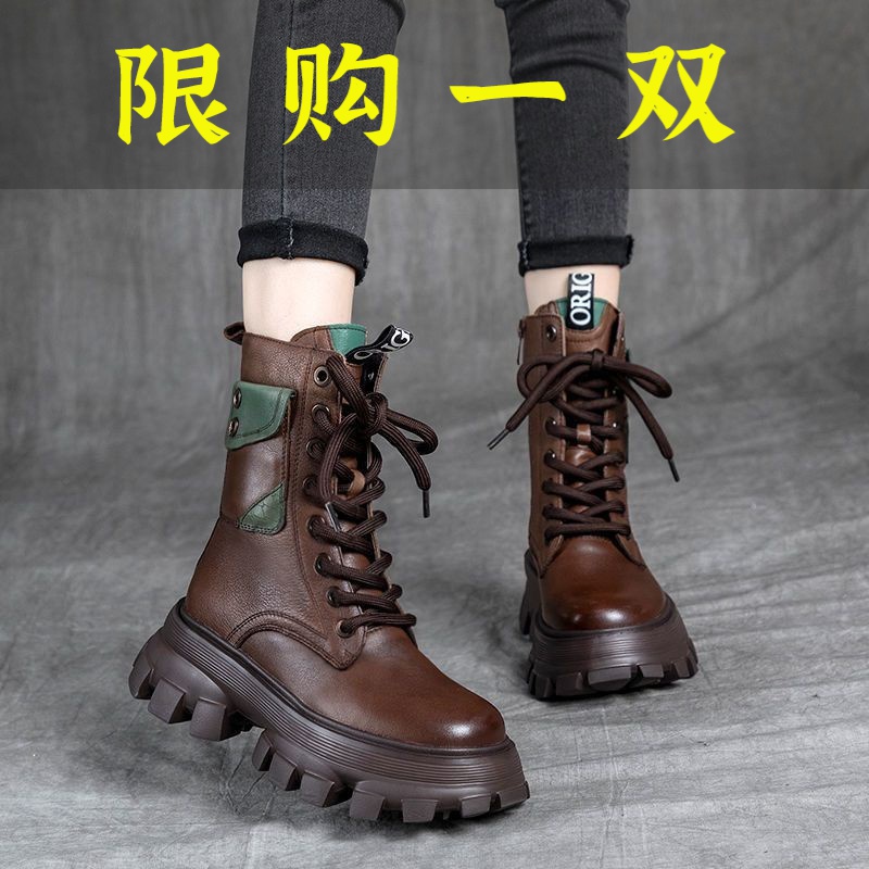 红蜻蜓牌真皮复古马丁靴女2023春秋新款高帮单靴皮带扣松糕底增