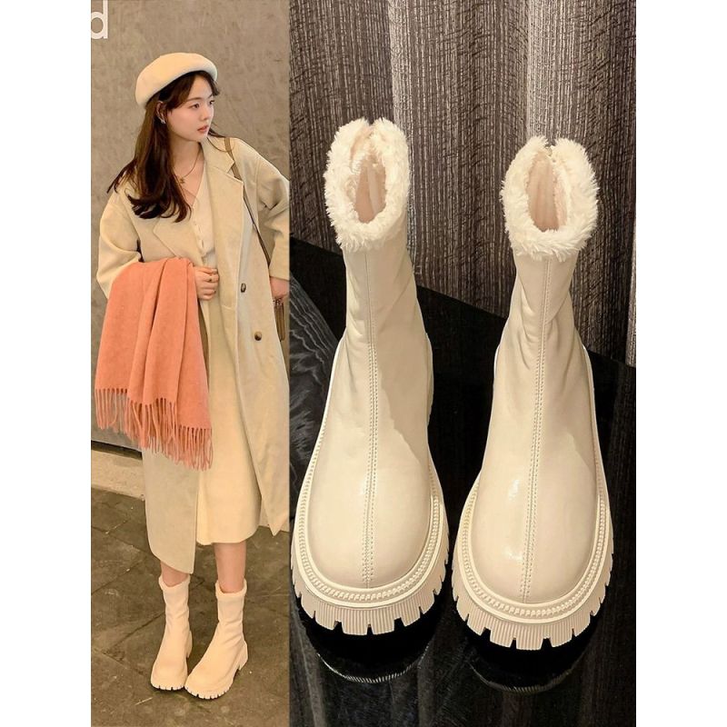 红蜻蜓牌白色马丁靴女冬2023年新款冬季加绒加厚雪地靴英伦风厚底