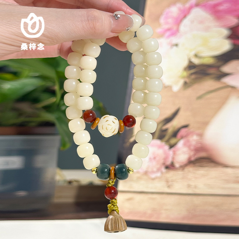 天然风化白玉菩提子奶白色桶珠双圈菩提念珠莲花吊坠女生手持手串