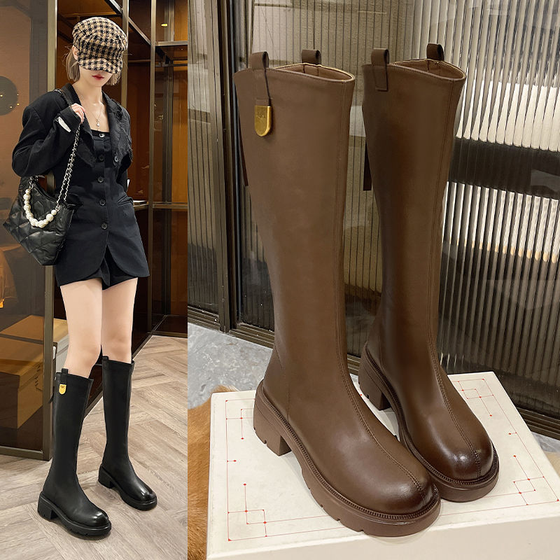 意尔康粗跟不过膝瘦中筒靴女2023秋冬季新款加绒韩版百搭高跟骑士
