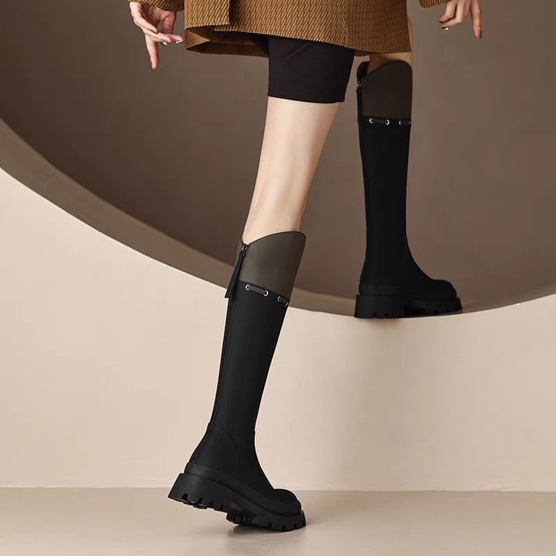 意尔康小个子厚底拼色长筒靴子女2023秋冬新款圆头粗跟显瘦高筒骑