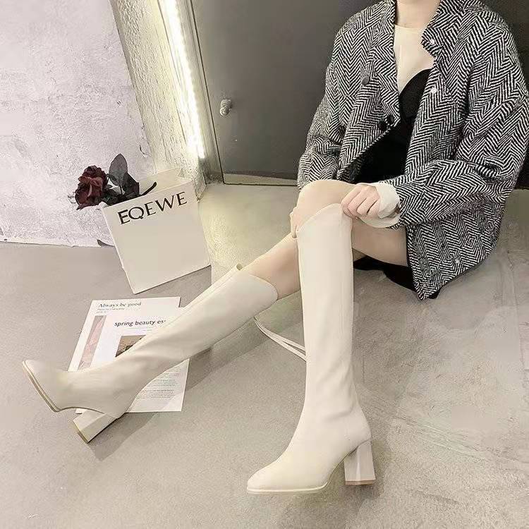 意尔康长筒靴子女骑士靴2023年新款网红时尚白色秋冬不过膝加绒高