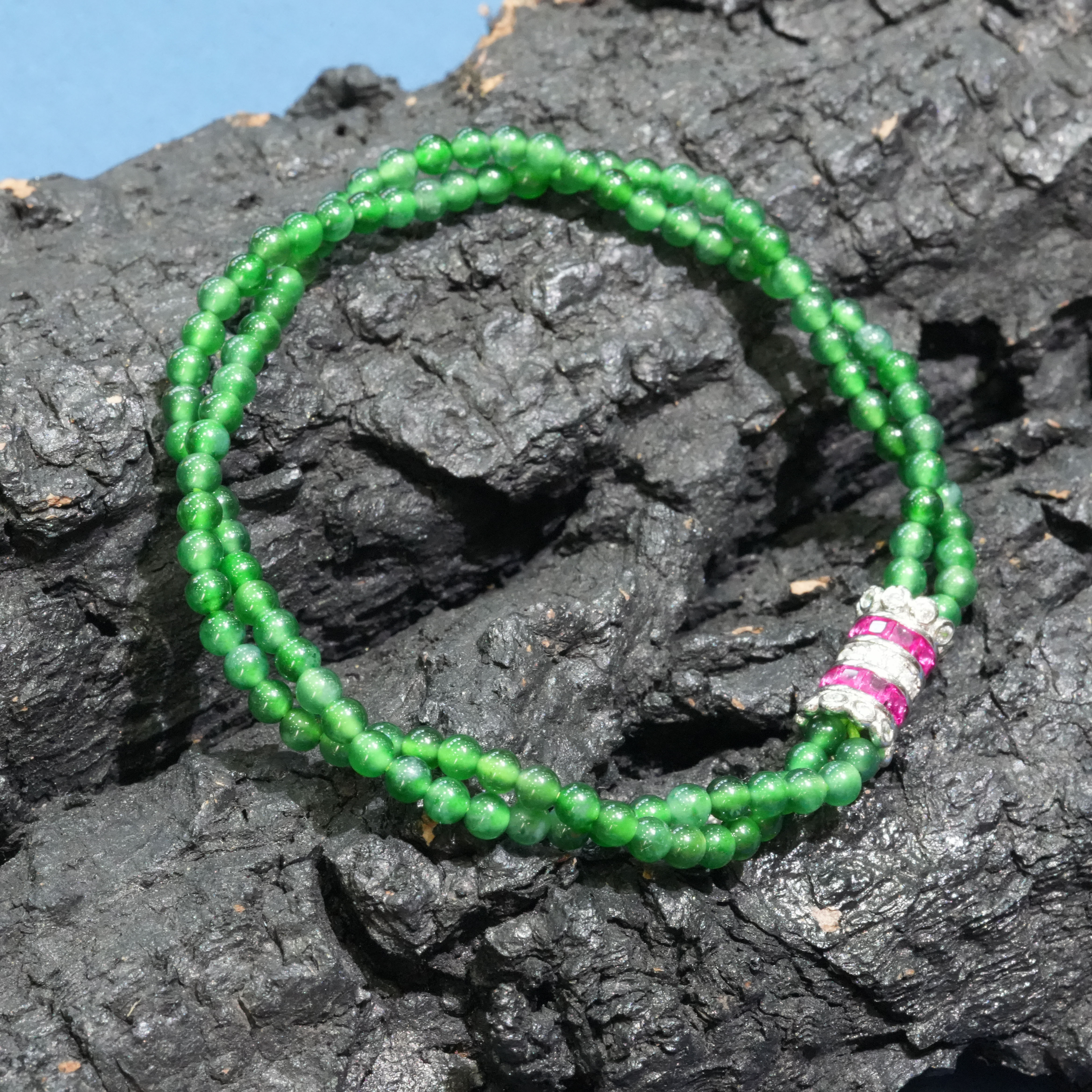 【发哥珠宝】天然A货翡翠满绿小米珠手链可调节气质多样性发一尔