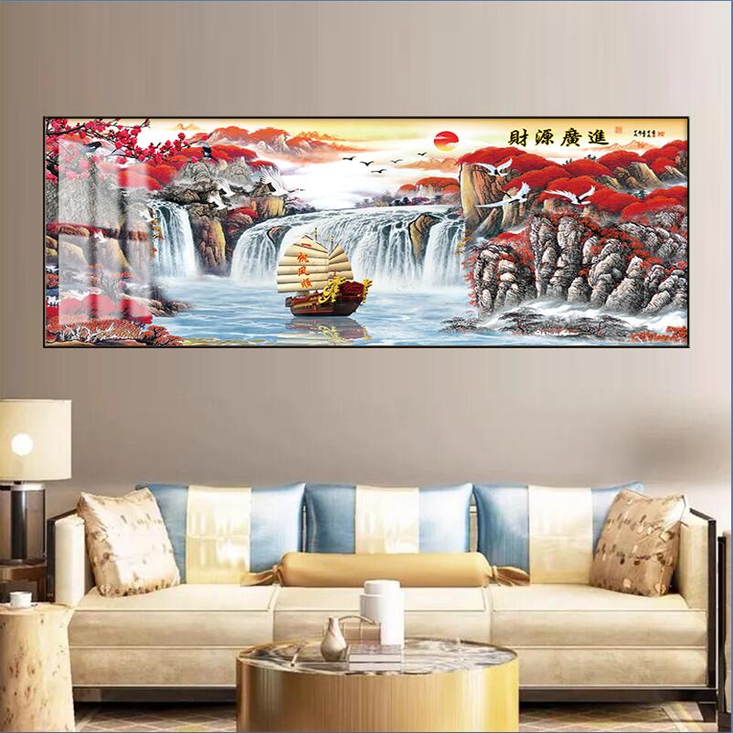 财源广进一帆风顺客厅沙发横幅高端大气晶瓷晶钻玄关装饰晶瓷画
