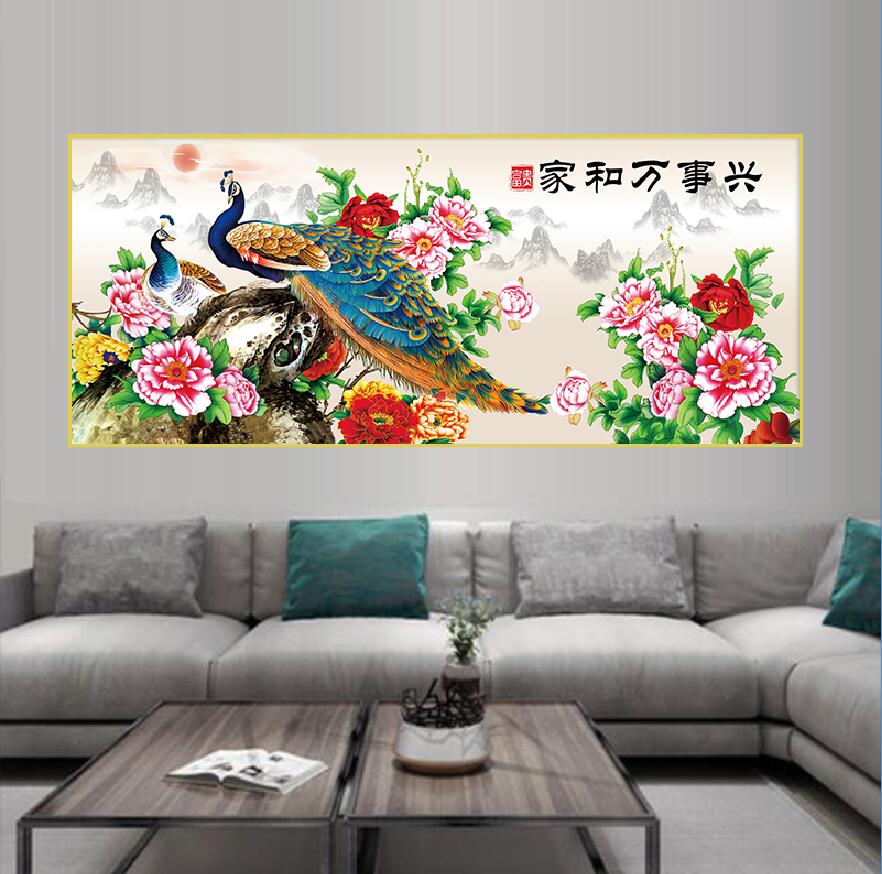 家和万事兴花开富贵客厅沙发横幅高端大气晶瓷晶钻玄关装饰晶瓷画