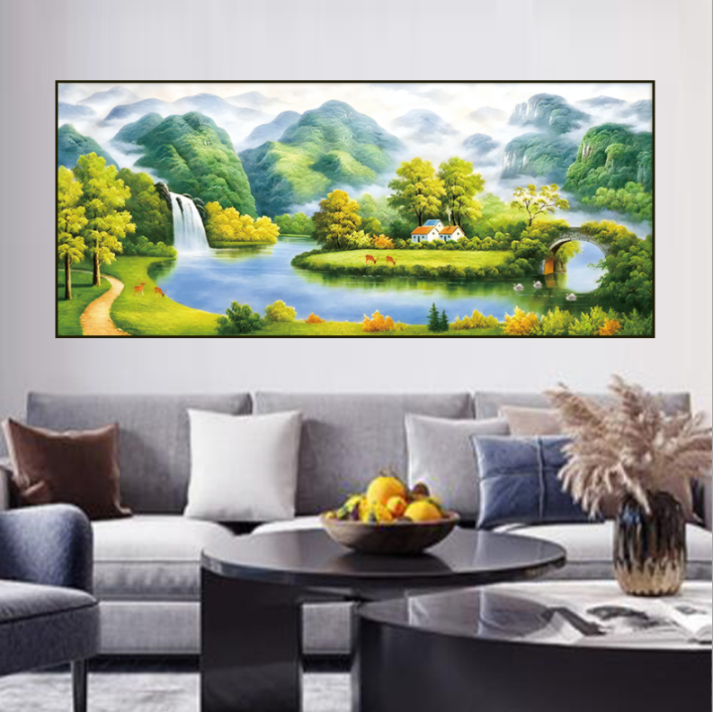 聚宝盆流水生财客厅沙发横幅高端大气晶瓷晶钻玄关装饰晶瓷画