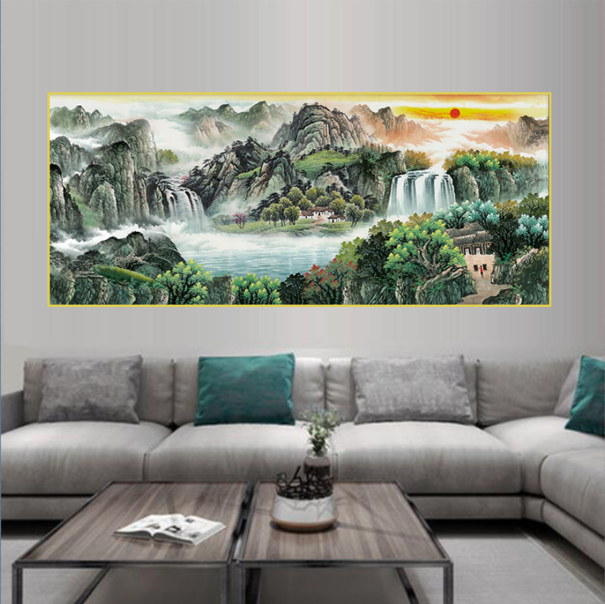 流水生财聚宝盆客厅沙发横幅高端大气晶瓷晶钻玄关装饰晶瓷画