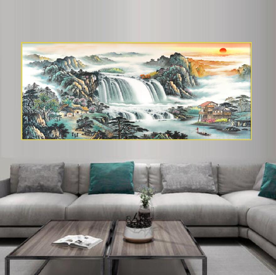 流水生财风生水起起客厅沙发横幅高端大气晶瓷晶钻玄关装饰晶瓷画