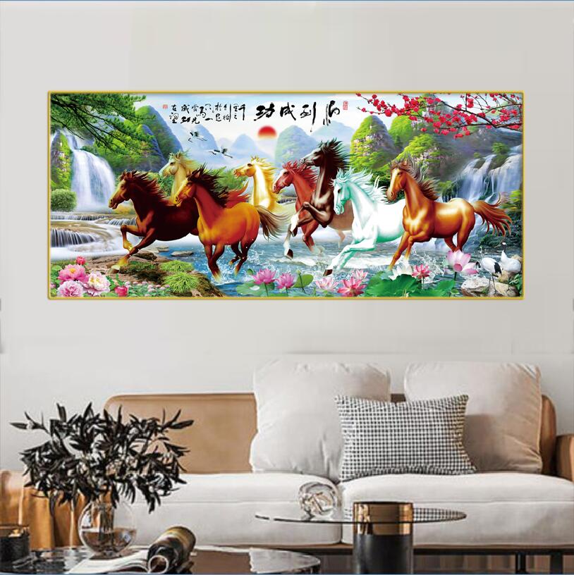 马到成功八骏图客厅沙发横幅高端大气晶瓷晶钻玄关装饰晶瓷画
