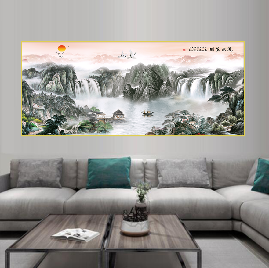 流水生财聚宝盆客厅沙发横幅高端大气晶瓷晶钻玄关装饰晶瓷画