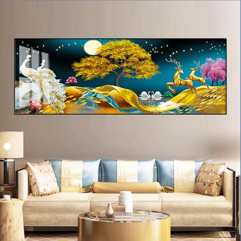 吉祥孔雀发家致富客厅沙发横幅高端大气晶瓷晶钻玄关装饰晶瓷画