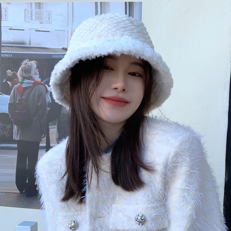 帽子女冬保暖毛绒绒桶帽韩版潮百搭休闲盆帽青年户外可折叠渔夫帽