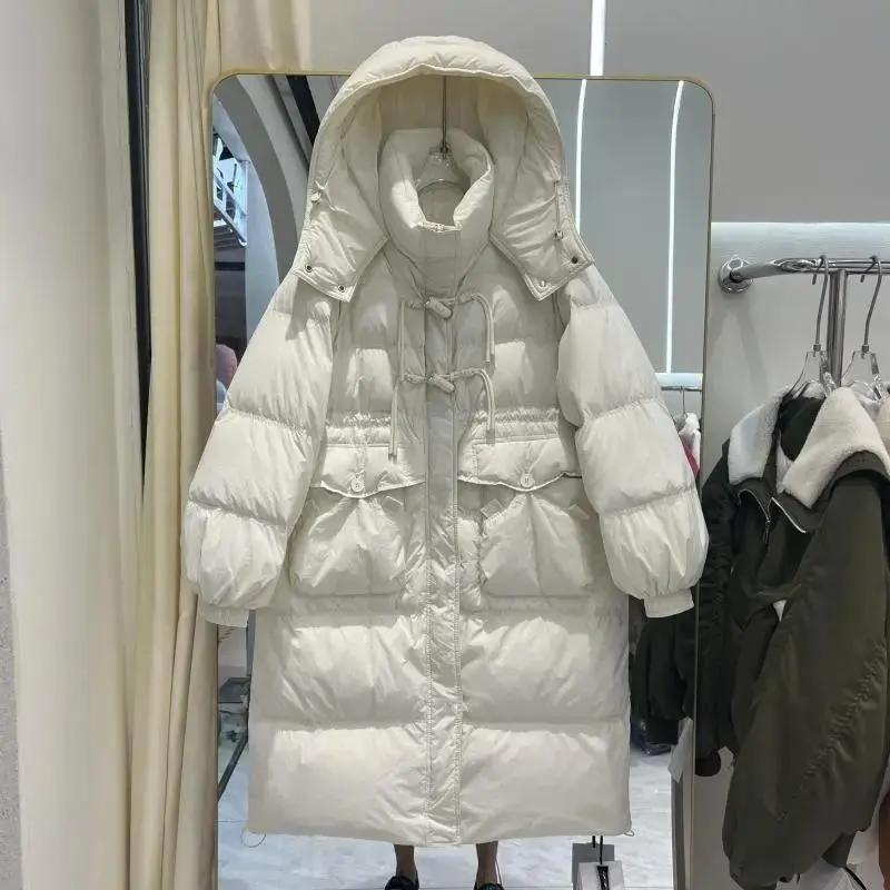 300斤加大码冬季保暖羽绒服女中长款过膝连帽加厚胖mm白鸭绒外套