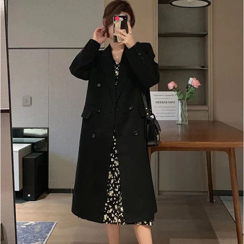 韩国chic秋冬法式气质西装领双门襟设计款宽松过膝长款西装外套女