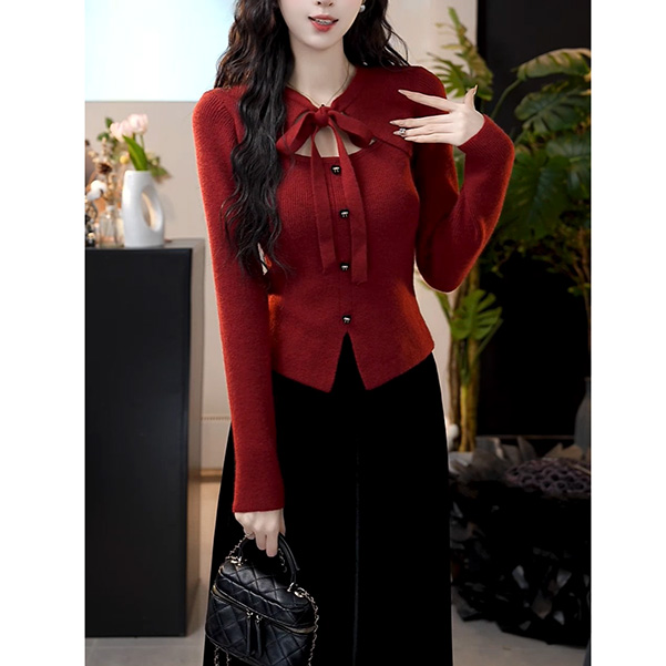 2025韩系时尚新款新年红红色小香风假两件蝴蝶结针织衫上衣H3-79