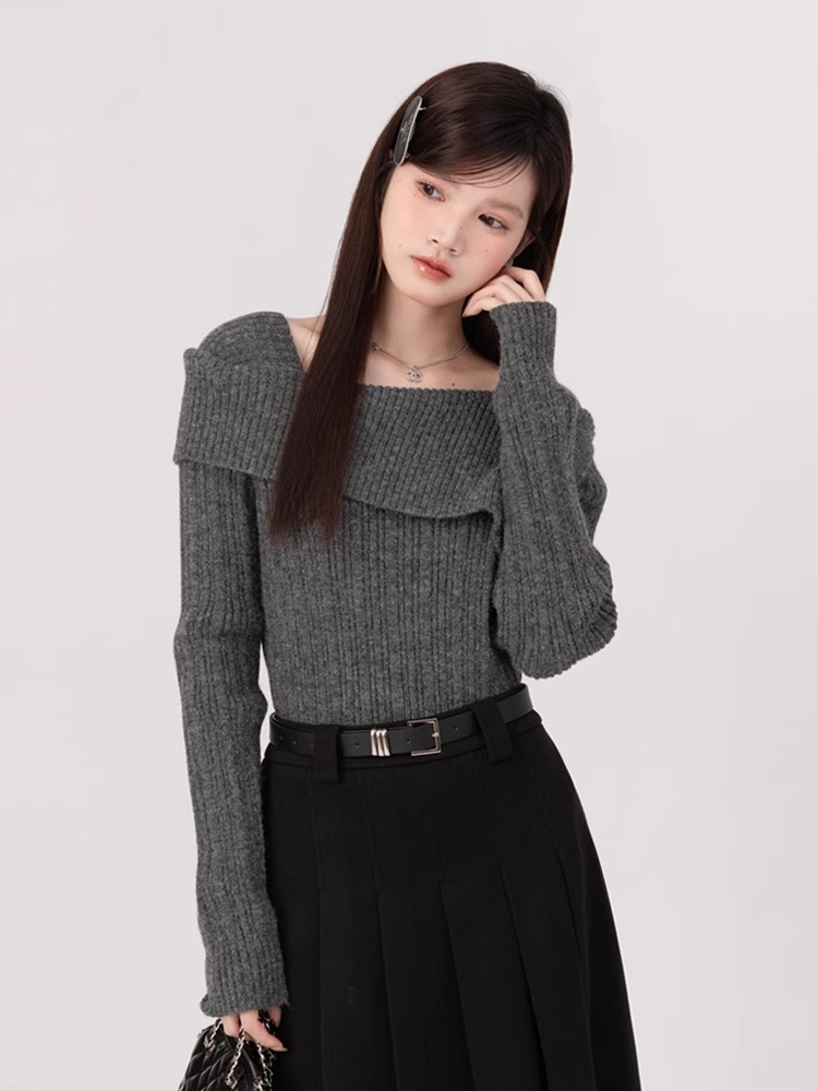 法式一字肩温柔毛衣女2025秋冬纯欲慵懒风百搭长袖修身上衣C7-10