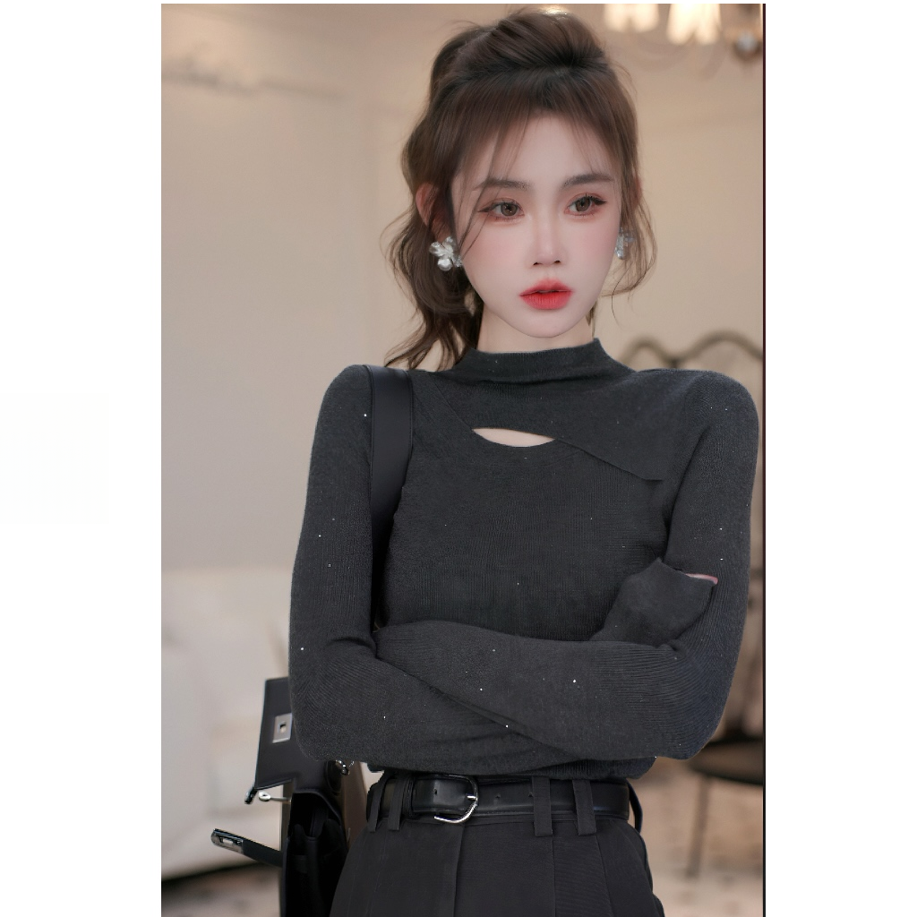 2026韩系新款秋冬百搭气质设计感半高领镂空亮闪超弹打底衫H3-35