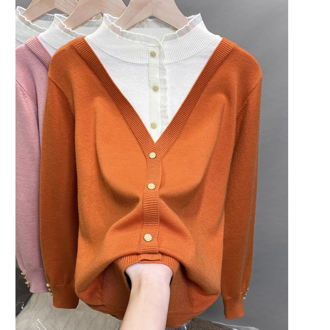 半高领毛衣女假两件打底衫2025秋冬新款蕾丝针织衫洋气上衣C9-12