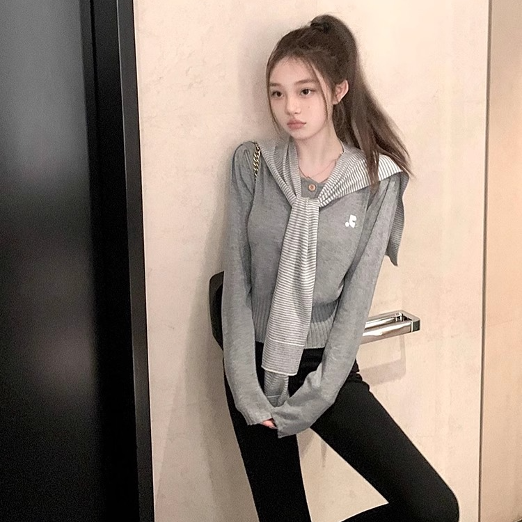 2025韩系新款百搭春秋针织开衫外套+条纹披肩外搭女士上衣F7-73