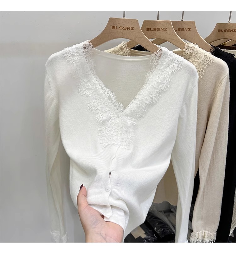 蕾丝v领针织衫女开衫毛衣秋冬设计独特别致短款上衣打底衫G5-82