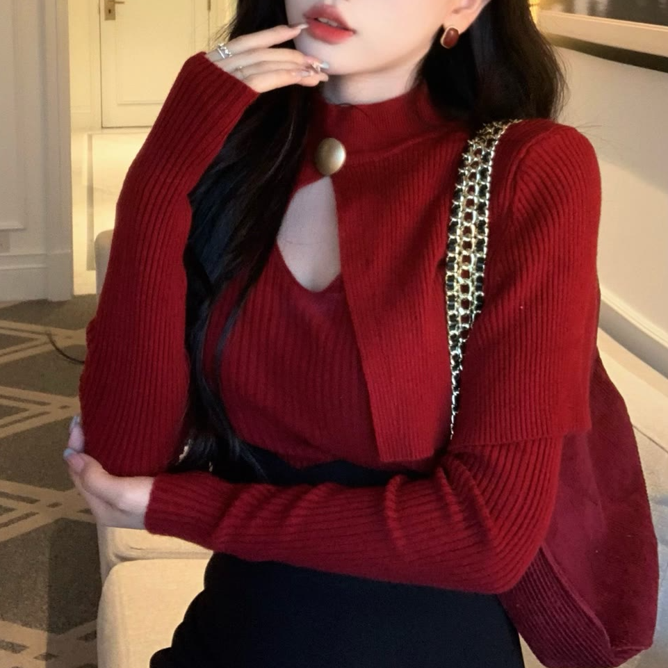 【现货】高级感毛衣女春季加厚洋气披肩针织百搭打底套头上衣A2-12