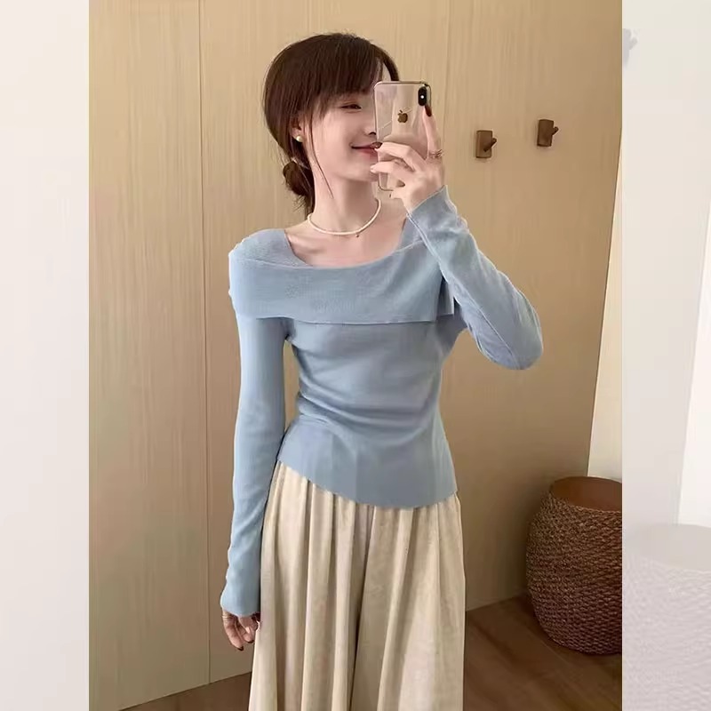 韩系小香风蓝色内搭毛衣女士春秋修身小个子打底针织衫上衣G4-50