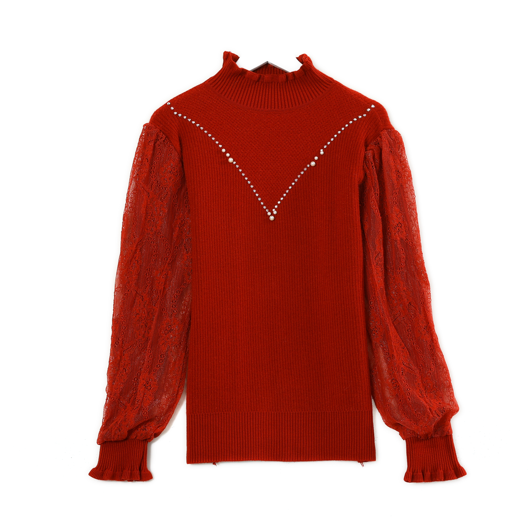 【现货】一体绒加厚加绒穿搭秋冬半高领气质蕾丝袖加绒保暖套头长E5