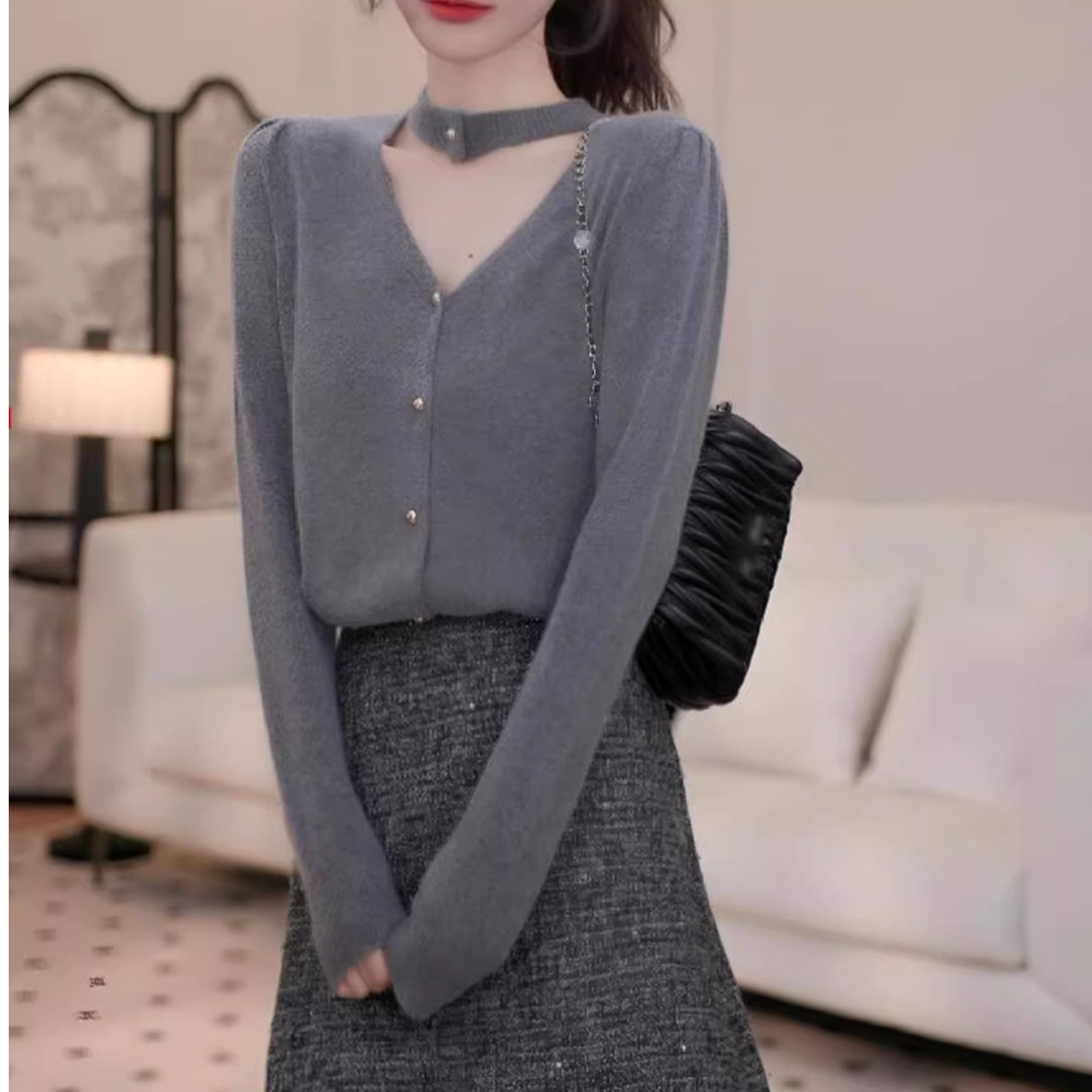 辣妹镂空长袖针织开衫女秋季2025新款宽松小众温柔挂脖上衣H3-21